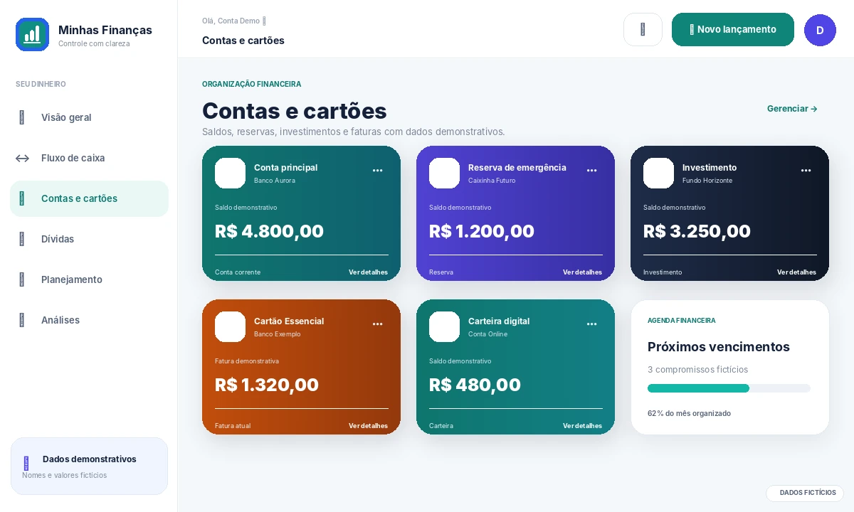 Contas e investimentos no Minhas Finanças