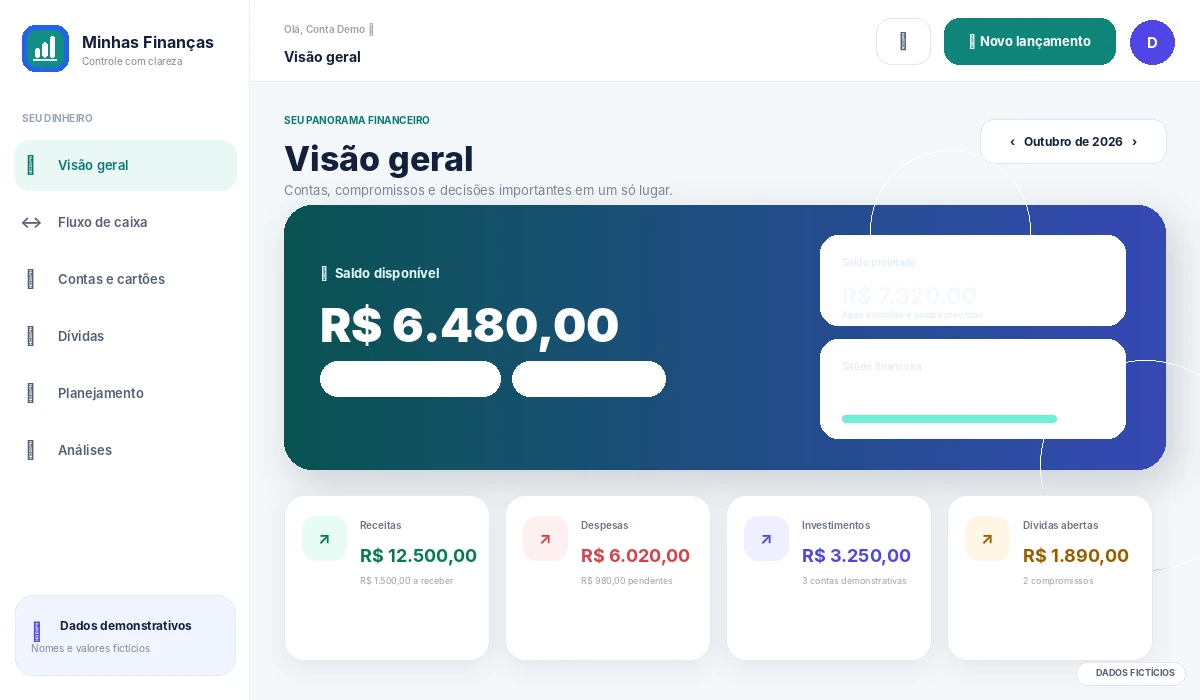 Painel principal do Minhas Finanças